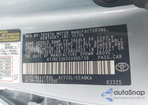 2005 Toyota Camry Le из США, поврежденный, VIN 4T1BE32K05U995739